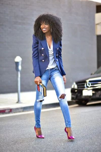 Purple Military Blazer with Ripped Skinny Jeans