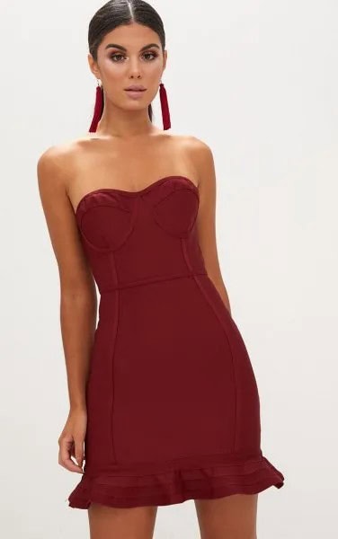 Burgundy Strapless Fit and Flare Mini Ruffle Hem Dress