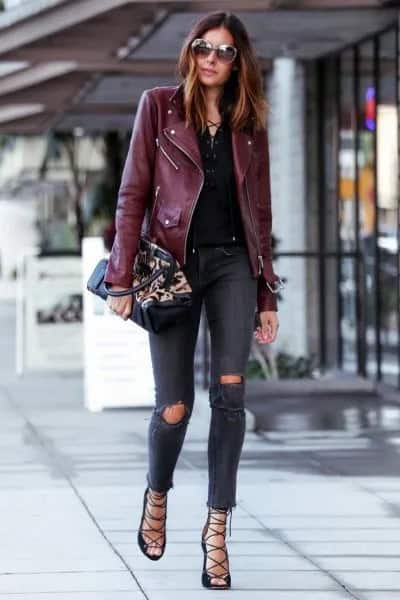 Black Leather Jacket with Dark Blue Ripped Knee Skinny Jeans