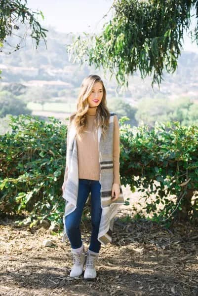 Pink Knit Sweater with Grey Long Vest & White Duck Boots