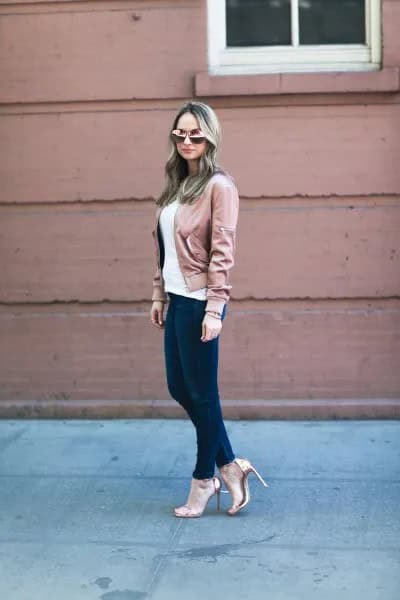 Gold Bomber Jacket with Navy Velvet Skinny Pants