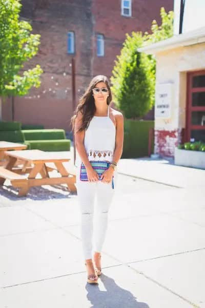 Tassel Halter Top with White Skinny Jeans