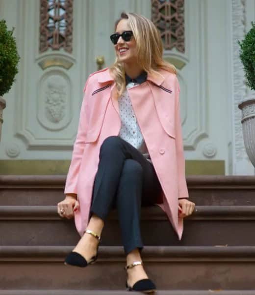 Ivory Wool Blazer with Polka Dot Blouse & Black Ballet Ankle Strap Flats