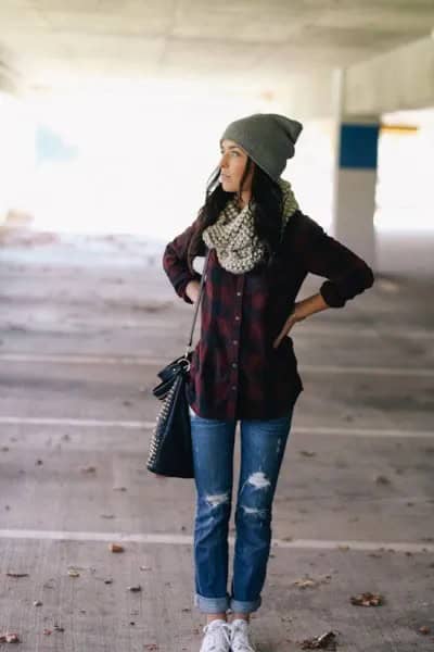 Navy and Dark Green Plaid Shirt with Blue Ripped Flannel Lined Jeans