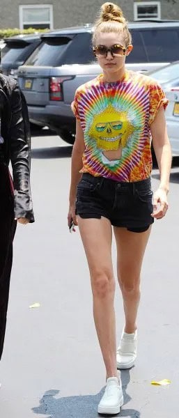 Tie Dye Smiley T Shirt with Black Mini Denim Shorts