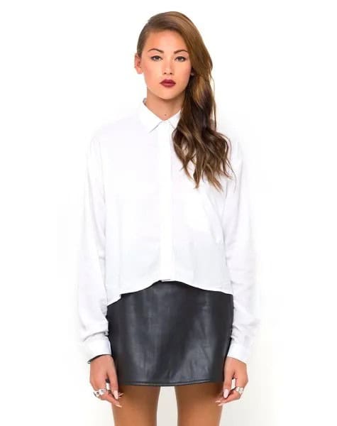 White Batwing Button Up Shirt with Black Leather Skirt