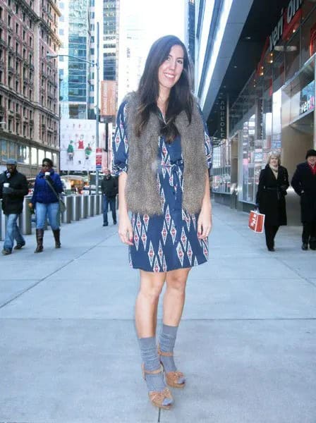 Navy Tribal Printed Half Sleeve Dress with Grey Faux Fur Scarf