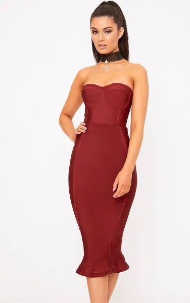 Burgundy Fit and Flare Mermaid Midi Dress with Choker