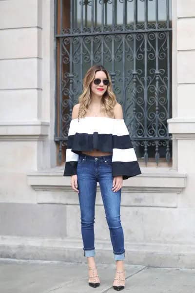 Color Block Bell Sleeve Blouse with Jeans