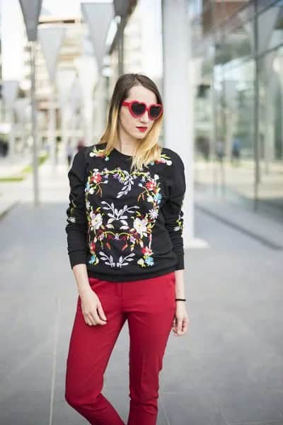 Black Embroidered Sweatshirt with Red Jeans