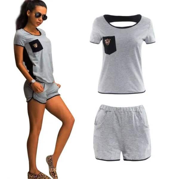 Grey T Shirt with Mini Sweat Shorts & Leopard Print Loafers