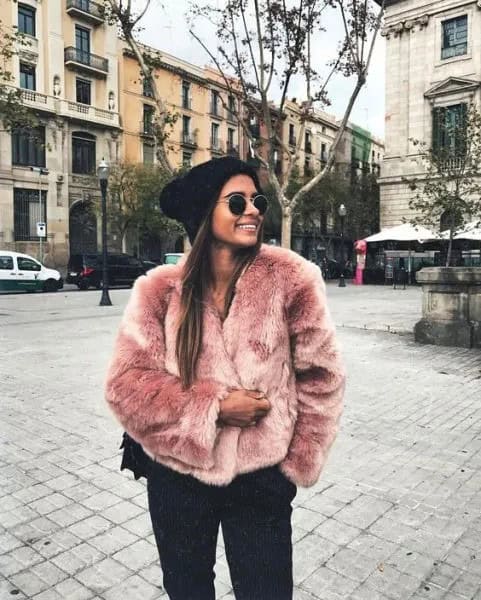 Light Grey Faux Fur Jacket with Black Slim Fit Jeans