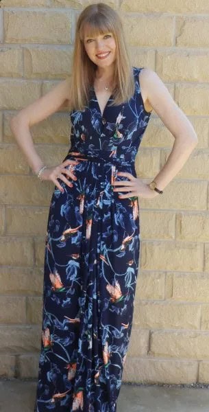 Dark Blue Floral Printed Maxi Dress with Navy Sandals