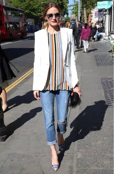 Wear with Orange and Black Vertical Striped Blouse & Cuffed Jeans