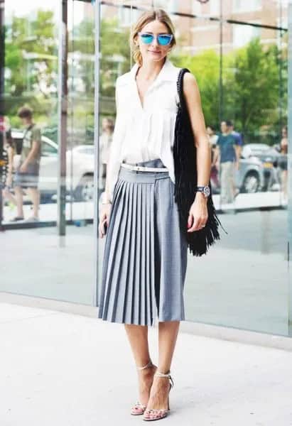 White Sleeveless Blouse with Grey Midi Pleated Skirt