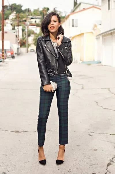 Black Leather Jacket with Navy and Grey Plaid Skinny Pants