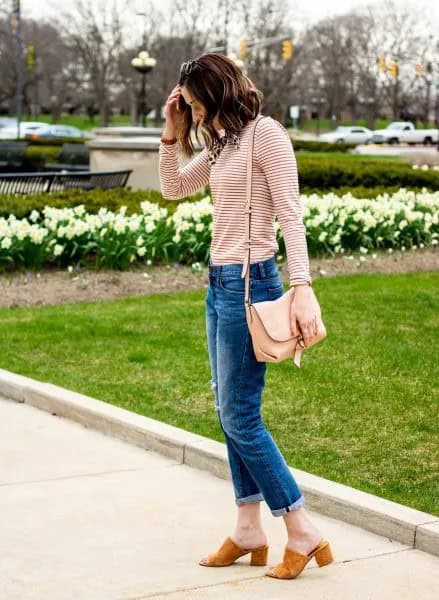 Black and Pale Pink Striped Long Sleeve Tee with Blue Cuffed Slim Fit Jeans