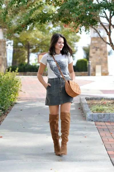 White Print Tee with Grey Corduroy Mini Skirt & Thigh High Boots