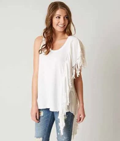 Asymmetric Fringe Sleeveless Top with Ripped Jeans