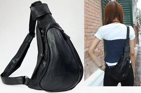 Black Leather Sling Bag with White and Navy Tee & Jeans