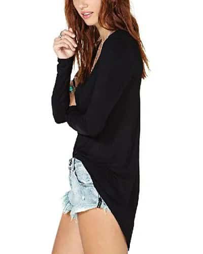 Black V Neck High Low Shirt with Denim Mini Shorts