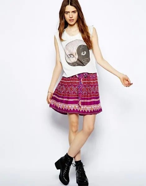 White Sleeveless Printed Top with Mini Tribal Printed Bohemian Skirt