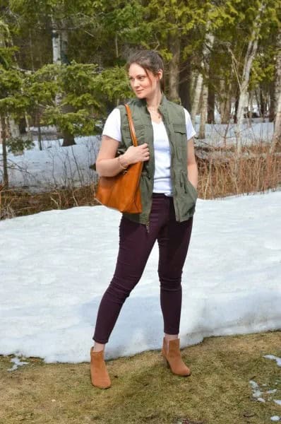 Green Utility Vest with White T Shirt & Black Slim Cut Jeans