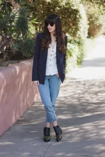 Black and White Striped Boyfriend Blazer with Button Up Vest