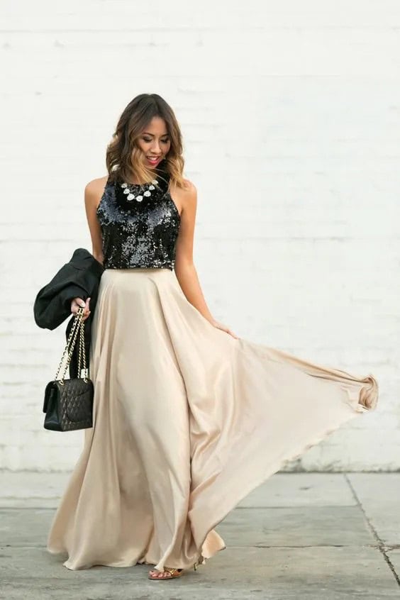 Gold Maxi Skirt and Black Sequined Crop Top