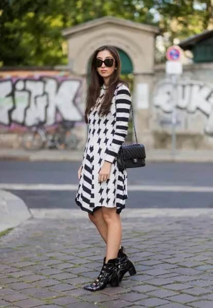 Black and White Striped Mini Shift Dress with Leather Pointed Toe Booties