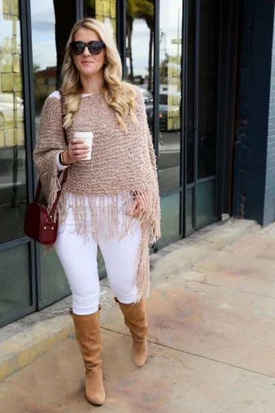 Grey Fringe Knit Shawl with White Skinny Jeans & Camel Knee High Boots