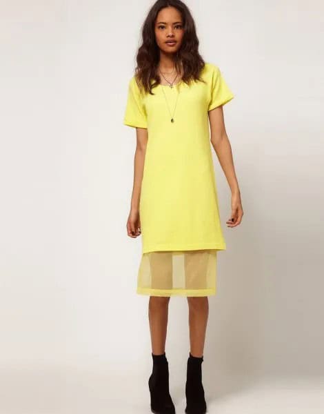 Yellow Shirt Dress with Semi-Sheer Mesh Overlay