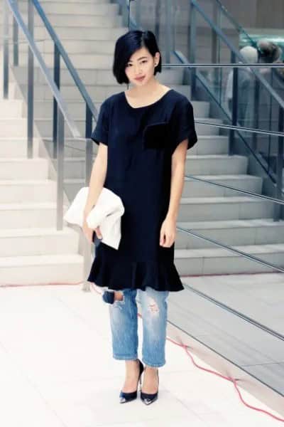 Black Tunic Dress Over Boyfriend Jeans