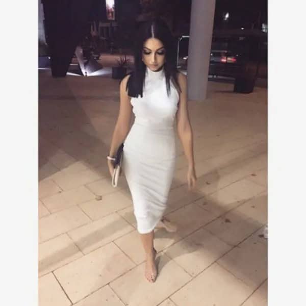 White Mock Neck Sleeveless Midi Bodycon Dress with Open Toe Heels