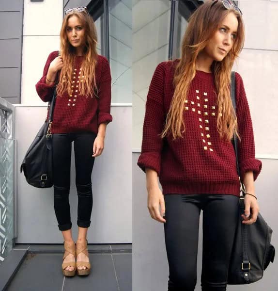 Maroon Studded Sweater with Black Coated Skinny Cuffed Jeans