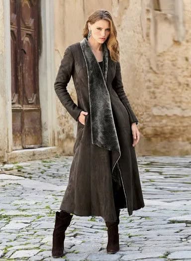 Black Maxi Shearling Coat with Suede Mid Calf Boots