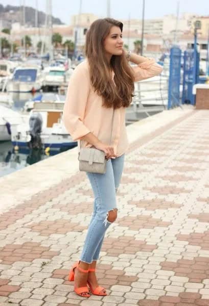 Pale Pink Chiffon Blouse with Light Blue Skinny Jeans & Orange Open Toe Heels