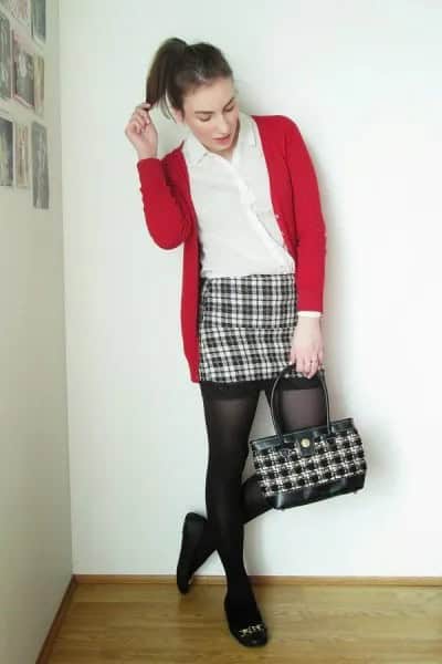 Red Sweater Cardigan with Black and White Plaid Mini Skirt