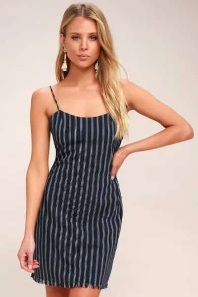 Navy Blue and White Vertical Striped Short Slip Dress