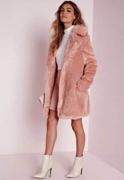 Long Pink Faux Fur Coat with White Mock Neck Sweater