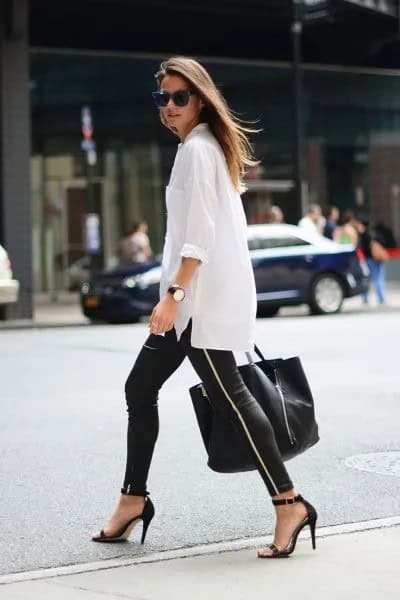 White Oversized Button Up Shirt with Leather Leggings & Heels