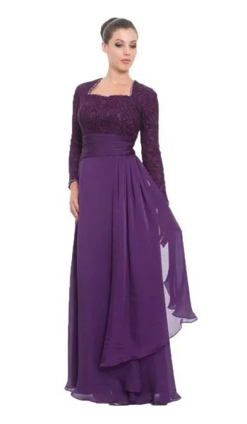 Long Purple Sleeve Two-Toned Lace and Chiffon Dress