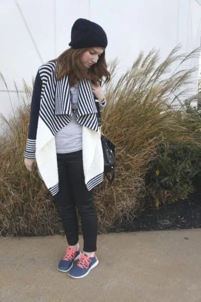 Black and White Striped Color Block Jacket with Navy Blue Sneakers