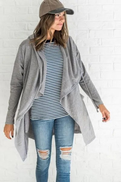 Black and White Striped Tee & Grey Hooded Cardigan