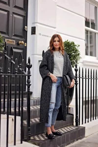 Grey Longline Blazer with Boyfriend Jeans & Black Leather Tassel Loafers