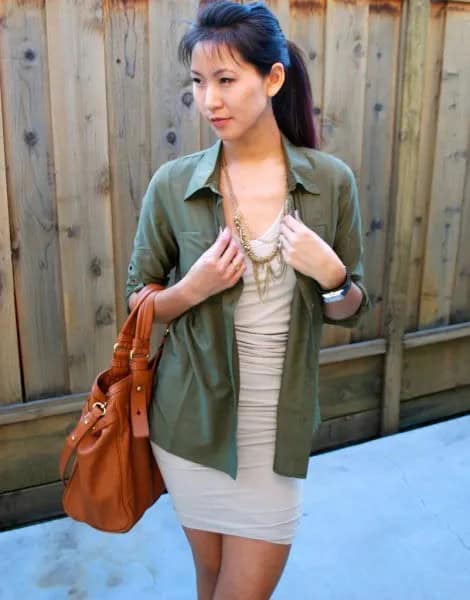 Pale Pink Dress with Green Button Up Shirt