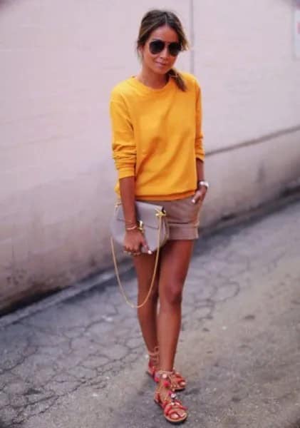 Bright Lemon Yellow Pullover Sweater with Pink Shorts & Silver Summer Sandals