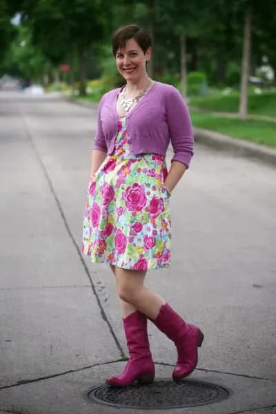 Pink Short Cardigan with Floral Printed Swing Mini Dress