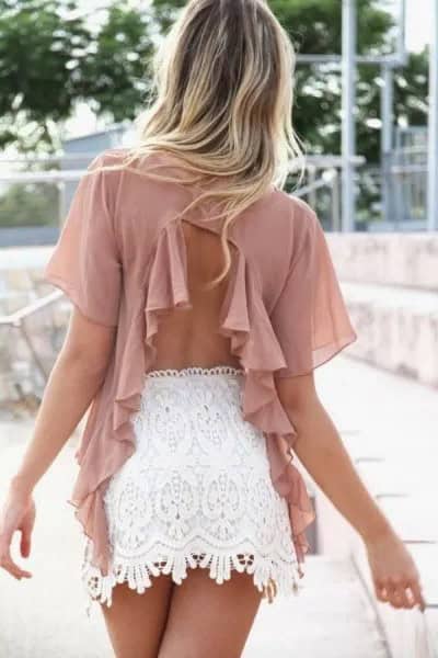 Blush Pink Chiffon Cutout Back Top with White Lace Mini Skirt