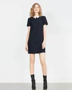 Black Mini Shift Dress with Mid-Calf Leather Heeled Boots